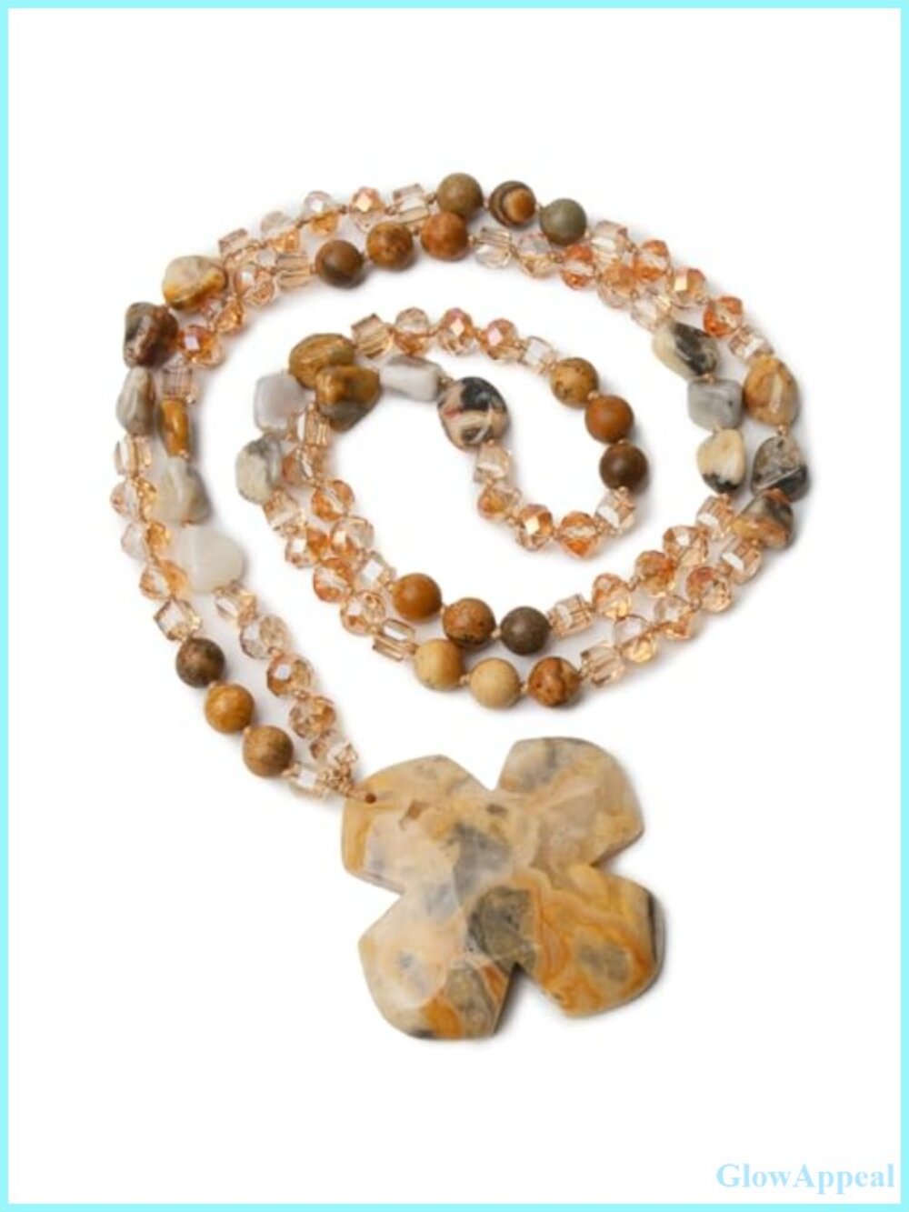 Long Boho Necklace Cross Agate Crystal Beaded Handmade Pendant Necklace
